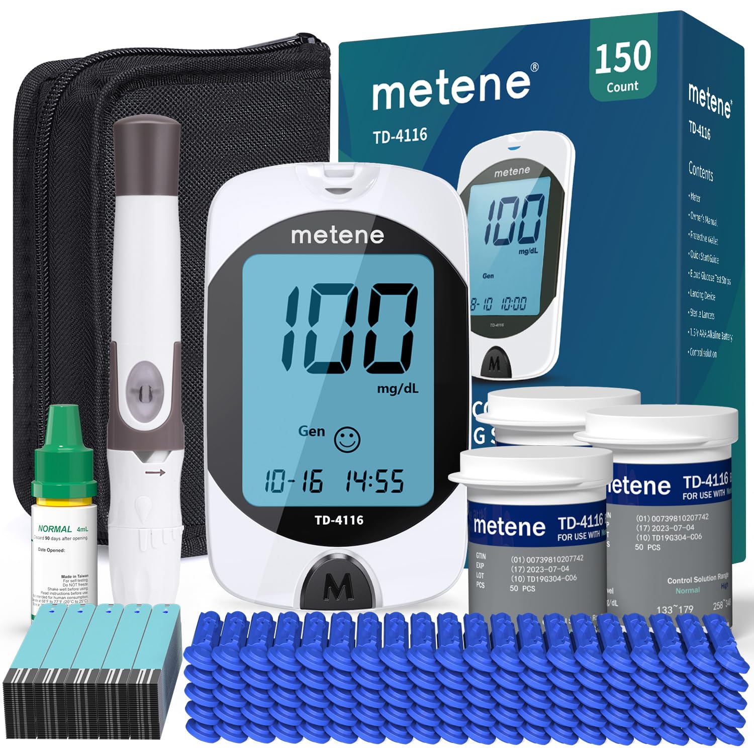 Metene TD-4116 Blood Glucose Monitor Kit, 150 Glucometer Strips, 150 L