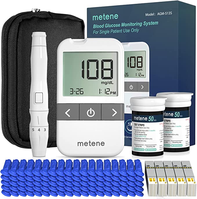 Metene AGM-513S Glucose Monitor Kit, 100 Glucometer Strips, 100 Lancet